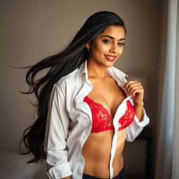 A 24-year-old Indian woman with long flowing dark hair, standing in a softly lit room