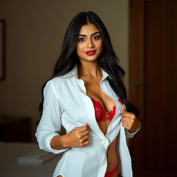 A 24-year-old Indian woman with long flowing dark hair, standing in a softly lit room