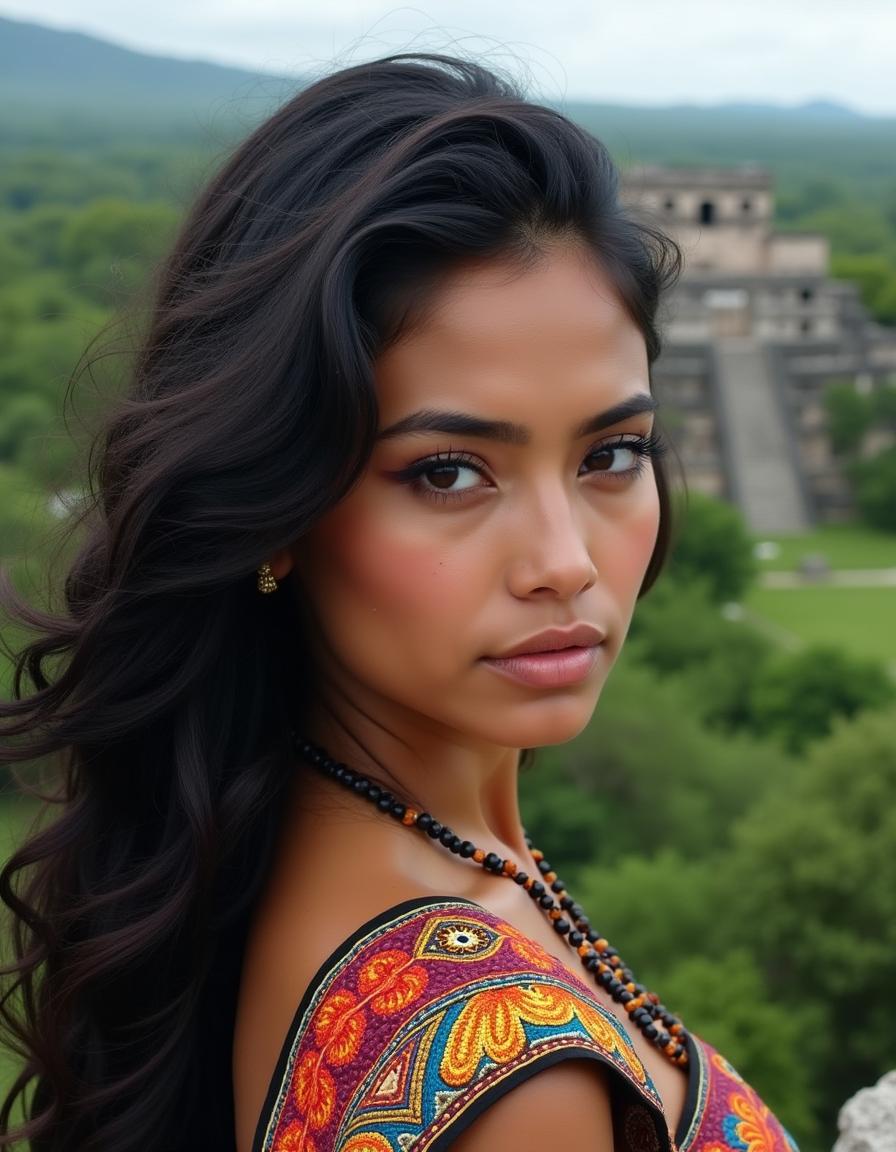 A Mayan woman from Yucatan, showcasing her stunning black wavy hair cascading down her shoulders