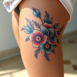 A close-up view of a beautifully designed thigh tattoo, showcasing intricate details and vibrant colors