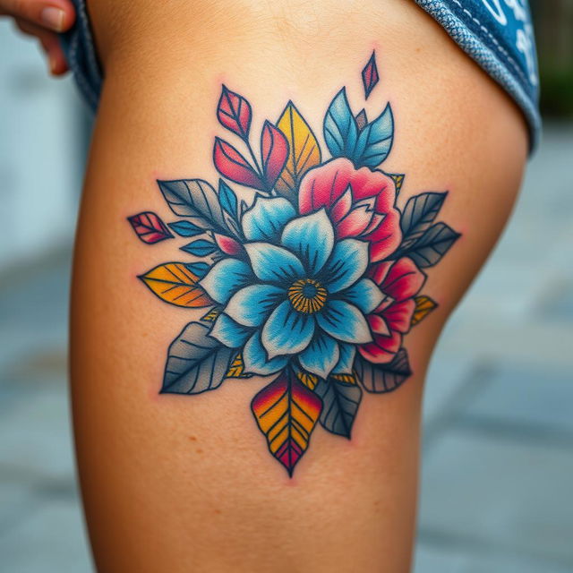 A close-up view of a beautifully designed thigh tattoo, showcasing intricate details and vibrant colors