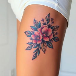 A close-up view of a beautifully designed thigh tattoo, showcasing intricate details and vibrant colors