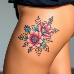 A close-up view of a beautifully designed thigh tattoo, showcasing intricate details and vibrant colors