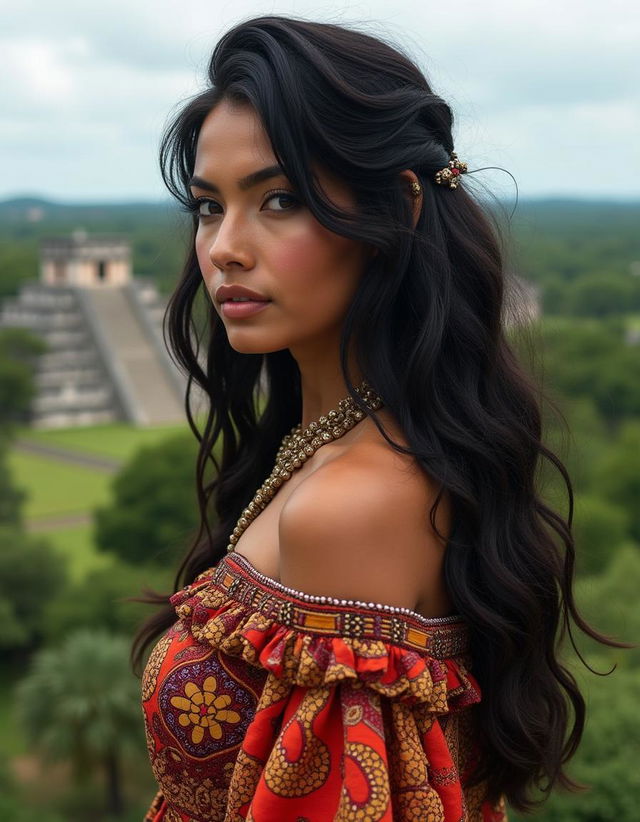 A full profile view of a Mayan woman from Yucatan, showcasing her stunning black wavy hair elegantly flowing down her back