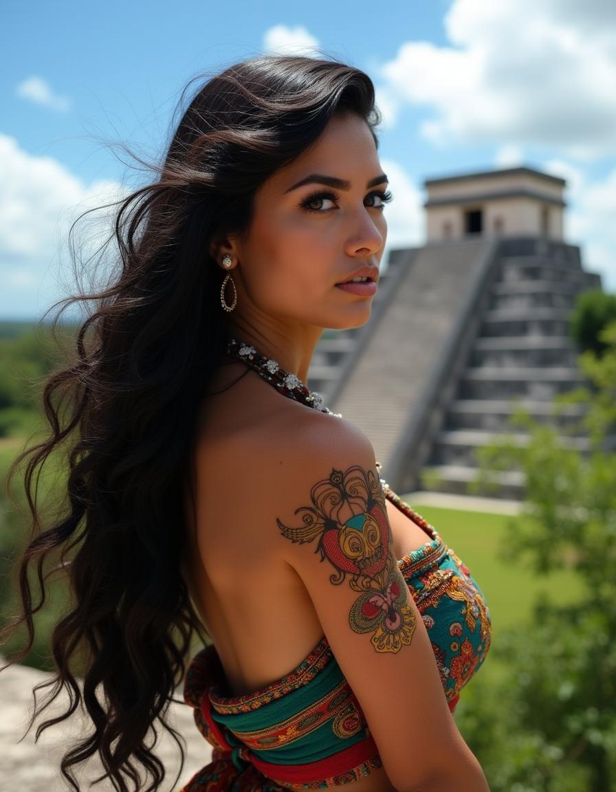 A full profile view of a Mayan woman from Yucatan, showcasing her beautiful black wavy hair flowing gracefully and her captivating brown eyes