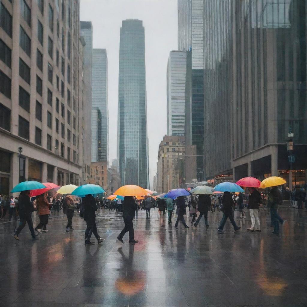 A rainy day in the center of a bustling city, complete with city dwellers walking with colorful umbrellas and tall buildings reflecting the grey skies.