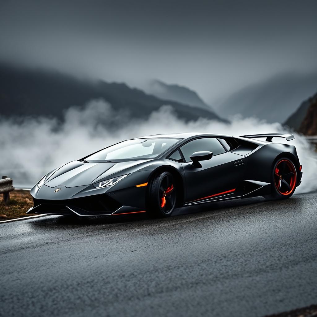 A dramatic shot of a high-performance Lamborghini Huracan in matte black with fiery orange accents, skillfully drifting around a bend on a rain-soaked mountain road