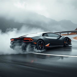 A dramatic shot of a high-performance Lamborghini Huracan in matte black with fiery orange accents, skillfully drifting around a bend on a rain-soaked mountain road