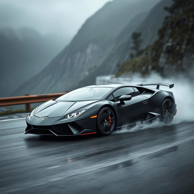 A dramatic shot of a high-performance Lamborghini Huracan in matte black with fiery orange accents, skillfully drifting around a bend on a rain-soaked mountain road