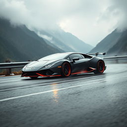 A dramatic shot of a high-performance Lamborghini Huracan in matte black with fiery orange accents, skillfully drifting around a bend on a rain-soaked mountain road