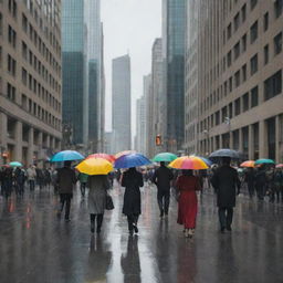 A rainy day in the center of a bustling city, complete with city dwellers walking with colorful umbrellas and tall buildings reflecting the grey skies.