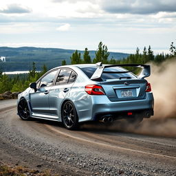 A dramatic shot of a high-performance Subaru Impreza WRX STI, painted in a sleek silver color with striking blue accents, skillfully drifting around a sharp bend on a rugged gravel road