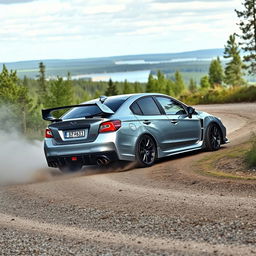 A dramatic shot of a high-performance Subaru Impreza WRX STI, painted in a sleek silver color with striking blue accents, skillfully drifting around a sharp bend on a rugged gravel road