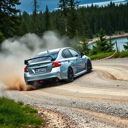 A dramatic shot of a high-performance Subaru Impreza WRX STI, painted in a sleek silver color with striking blue accents, skillfully drifting around a sharp bend on a rugged gravel road