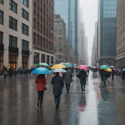 A rainy day in the center of a bustling city, complete with city dwellers walking with colorful umbrellas and tall buildings reflecting the grey skies.