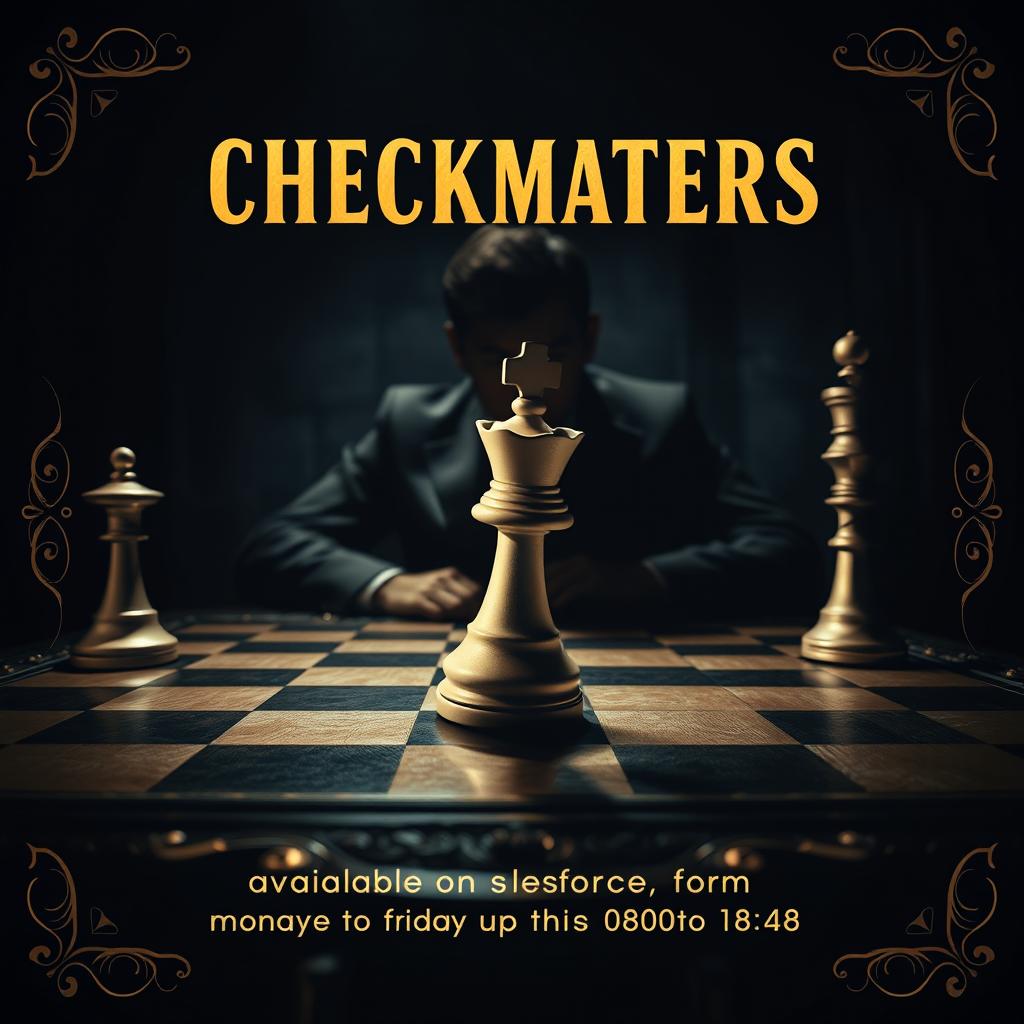 An engaging movie poster design showcasing a chess-themed scene titled 'CHECKMATERS'