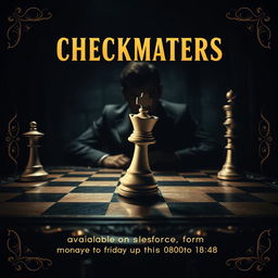 An engaging movie poster design showcasing a chess-themed scene titled 'CHECKMATERS'