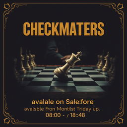 An engaging movie poster design showcasing a chess-themed scene titled 'CHECKMATERS'