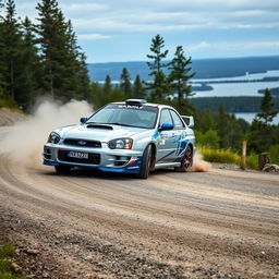 A dramatic shot of a high-performance 2001 Subaru Impreza WRX STI, featuring a sleek silver exterior with bold blue accents, masterfully drifting around a sharp bend on a rugged gravel road in Finland