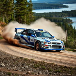 A dramatic shot of a high-performance 2001 Subaru Impreza WRX STI, featuring a sleek silver exterior with bold blue accents, masterfully drifting around a sharp bend on a rugged gravel road in Finland