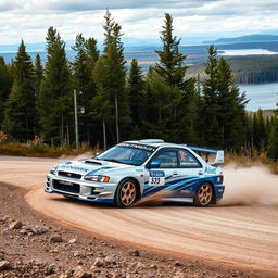 A dramatic shot of a high-performance 2001 Subaru Impreza WRX STI, featuring a sleek silver exterior with bold blue accents, masterfully drifting around a sharp bend on a rugged gravel road in Finland