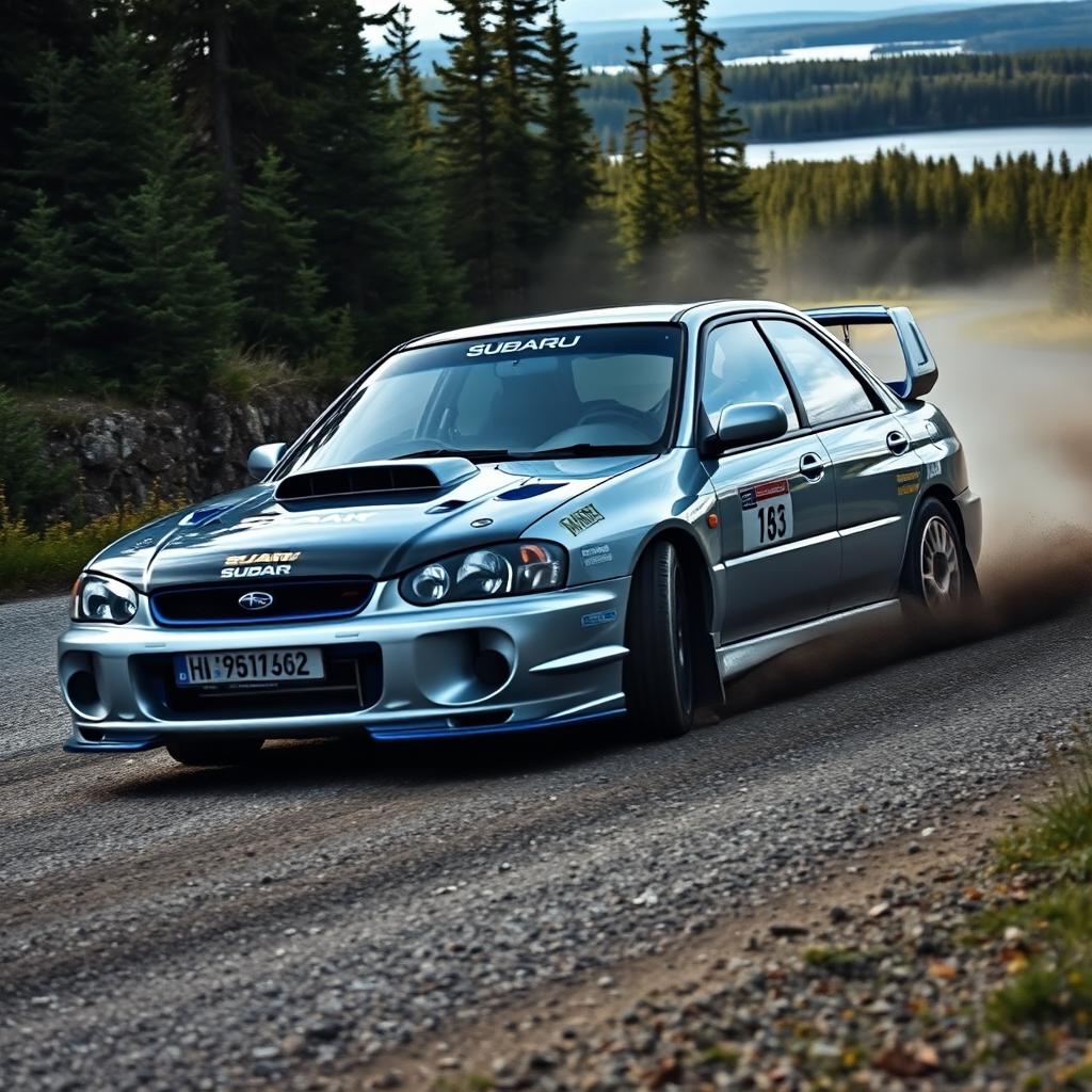 A dramatic shot of a high-performance 2001 Subaru Impreza WRX STI, featuring a sleek silver exterior with bold blue accents, masterfully drifting around a sharp bend on a rugged gravel road in Finland