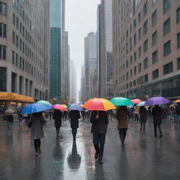 A rainy day in the center of a bustling city, complete with city dwellers walking with colorful umbrellas and tall buildings reflecting the grey skies.