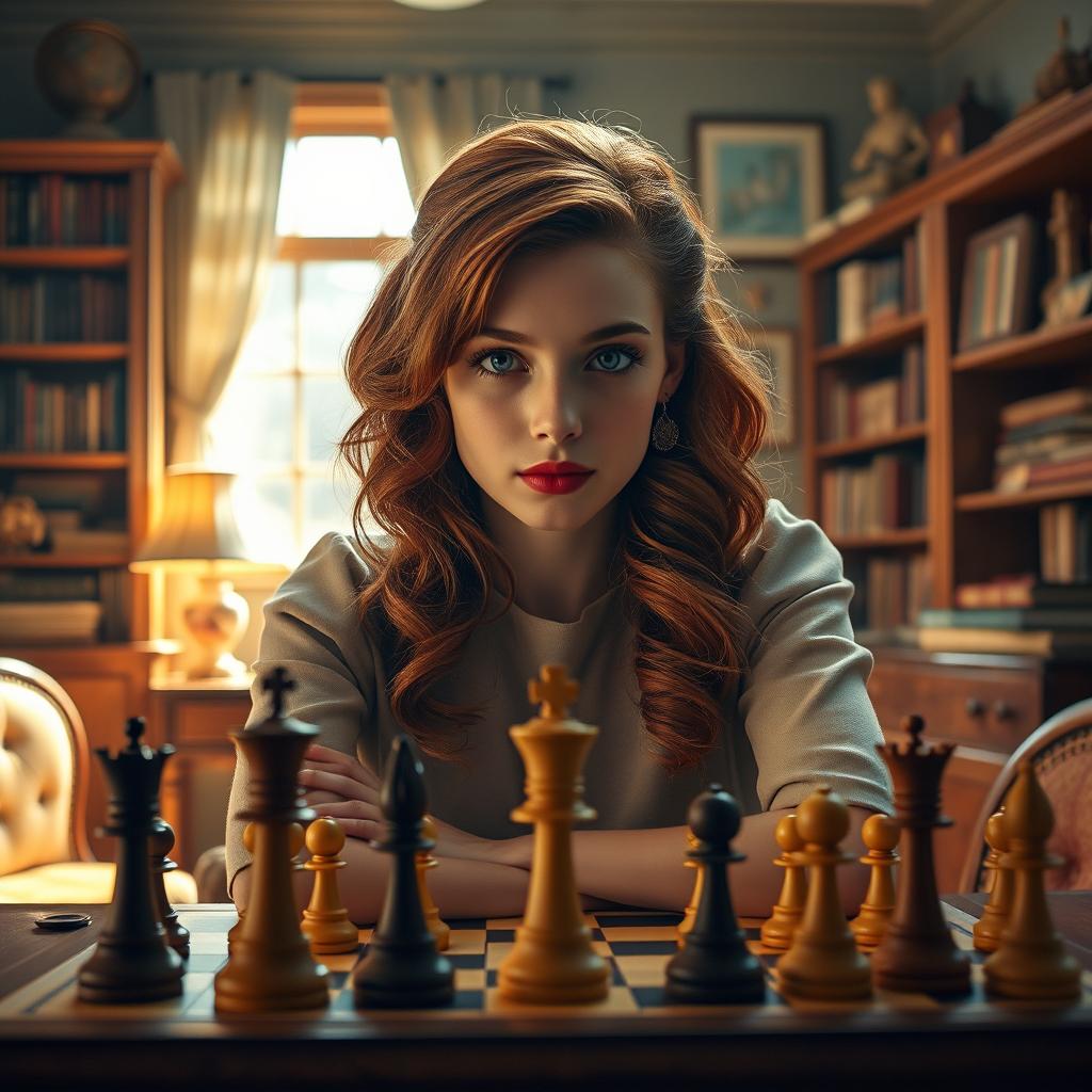 A dramatic portrait of a young and talented chess player, inspired by 'The Queen's Gambit', showcasing her in a vintage 1960s setting with a chessboard in front of her