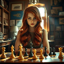 A dramatic portrait of a young and talented chess player, inspired by 'The Queen's Gambit', showcasing her in a vintage 1960s setting with a chessboard in front of her