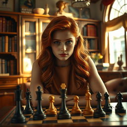 A dramatic portrait of a young and talented chess player, inspired by 'The Queen's Gambit', showcasing her in a vintage 1960s setting with a chessboard in front of her