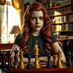 A dramatic portrait of a young and talented chess player, inspired by 'The Queen's Gambit', showcasing her in a vintage 1960s setting with a chessboard in front of her