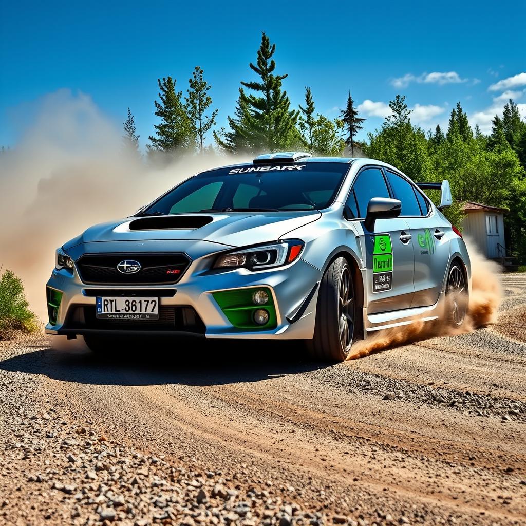 A dramatic shot of a high-performance bugeye Subaru Impreza WRX STI, featuring a gleaming silver exterior with striking green accents, expertly drifting around a sharp bend on a rugged gravel road in Finland