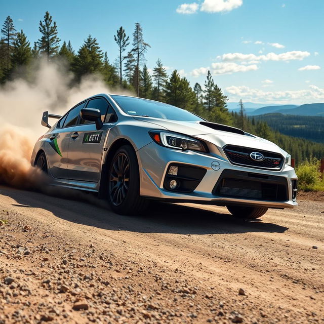 A dramatic shot of a high-performance bugeye Subaru Impreza WRX STI, featuring a gleaming silver exterior with striking green accents, expertly drifting around a sharp bend on a rugged gravel road in Finland