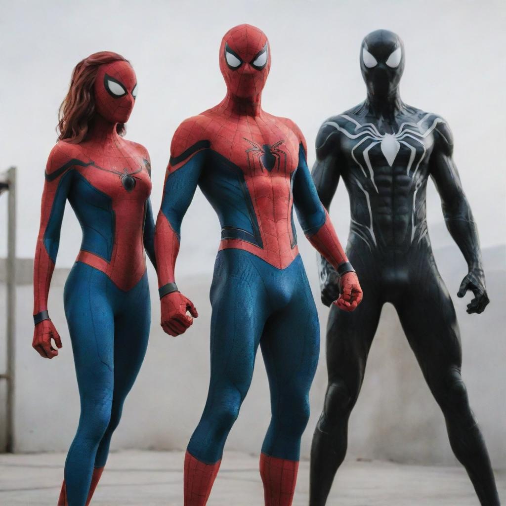 Spiderman wearing his iconic red and blue costume, standing side by side with a female character similar to Venom, both in fighting stances.