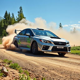 A dramatic shot of a high-performance bugeye Subaru Impreza WRX STI, featuring a gleaming silver exterior with striking green accents, expertly drifting around a sharp bend on a rugged gravel road in Finland