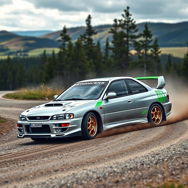 A dramatic shot of a high-performance 1998 Subaru Impreza WRX STI, showcasing a sleek silver exterior with vibrant green accents, expertly drifting around a sharp bend on a rugged gravel road in Finland