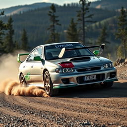 A dramatic shot of a high-performance 1998 Subaru Impreza WRX STI, showcasing a sleek silver exterior with vibrant green accents, expertly drifting around a sharp bend on a rugged gravel road in Finland