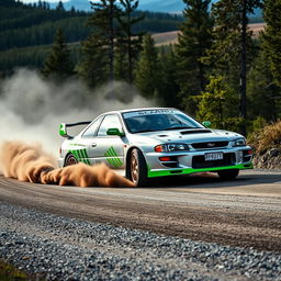 A dramatic shot of a high-performance 1998 Subaru Impreza WRX STI, showcasing a sleek silver exterior with vibrant green accents, expertly drifting around a sharp bend on a rugged gravel road in Finland