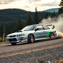 A dramatic shot of a high-performance 1998 Subaru Impreza WRX STI, showcasing a sleek silver exterior with vibrant green accents, expertly drifting around a sharp bend on a rugged gravel road in Finland