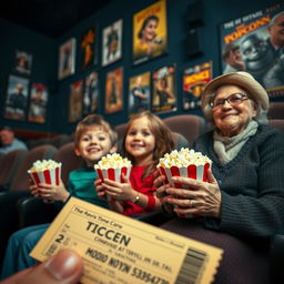 A cozy cinema scene with a ticket in the foreground, a young boy and girl excitedly holding popcorn, and a grandmother sitting contentedly in the background