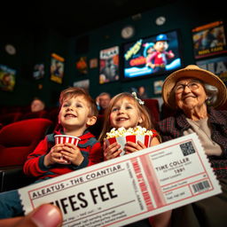 A cozy cinema scene with a ticket in the foreground, a young boy and girl excitedly holding popcorn, and a grandmother sitting contentedly in the background