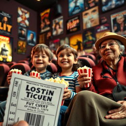 A cozy cinema scene with a ticket in the foreground, a young boy and girl excitedly holding popcorn, and a grandmother sitting contentedly in the background