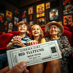 A cozy cinema scene with a ticket in the foreground, a young boy and girl excitedly holding popcorn, and a grandmother sitting contentedly in the background