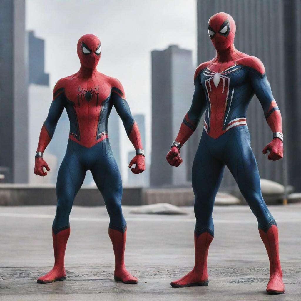 Spiderman wearing his iconic red and blue costume, standing side by side with a female character similar to Venom, both in fighting stances.