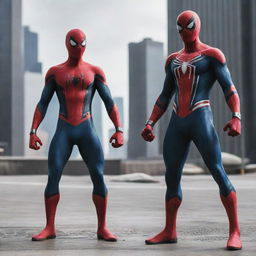 Spiderman wearing his iconic red and blue costume, standing side by side with a female character similar to Venom, both in fighting stances.