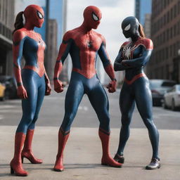 Spiderman wearing his iconic red and blue costume, standing side by side with a female character similar to Venom, both in fighting stances.