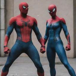 Spiderman wearing his iconic red and blue costume, standing side by side with a female character similar to Venom, both in fighting stances.