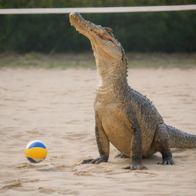 A peculiar scene of a crocodile engaging in a lively game of volleyball