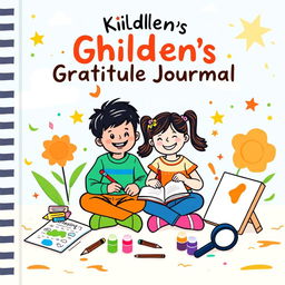 Create a cheerful and colorful cover for a children's gratitude journal featuring a fun scene with a smiling boy and girl sitting on the floor, happily writing in a notebook