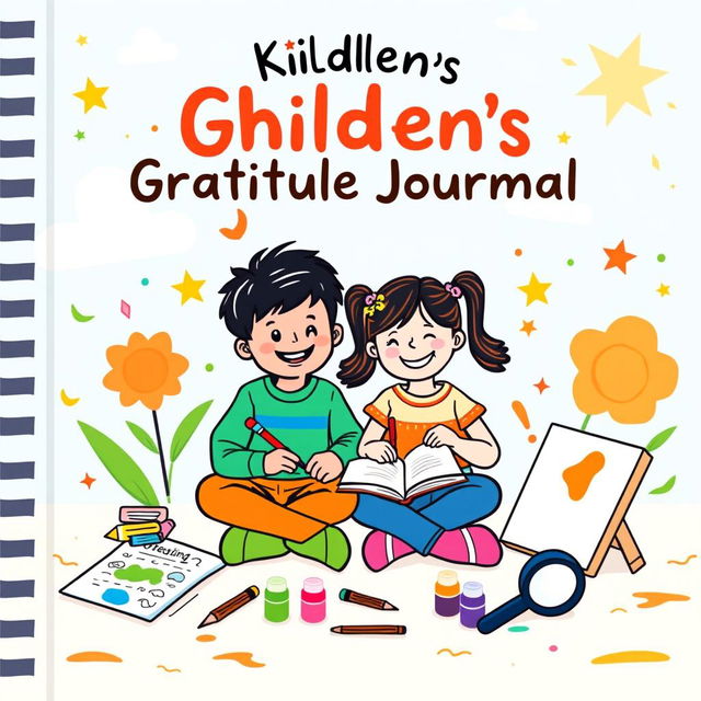 Create a cheerful and colorful cover for a children's gratitude journal featuring a fun scene with a smiling boy and girl sitting on the floor, happily writing in a notebook